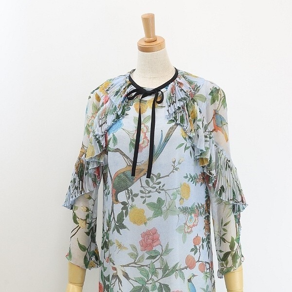 Gucci Silk Chiffon Pleated Frill Dress Bird Flower Print Size 36 thumbnail 3