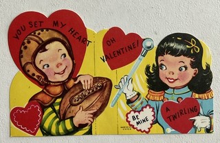 Vintage Valentine Card Boy Holding Football Girl With Baton #b2