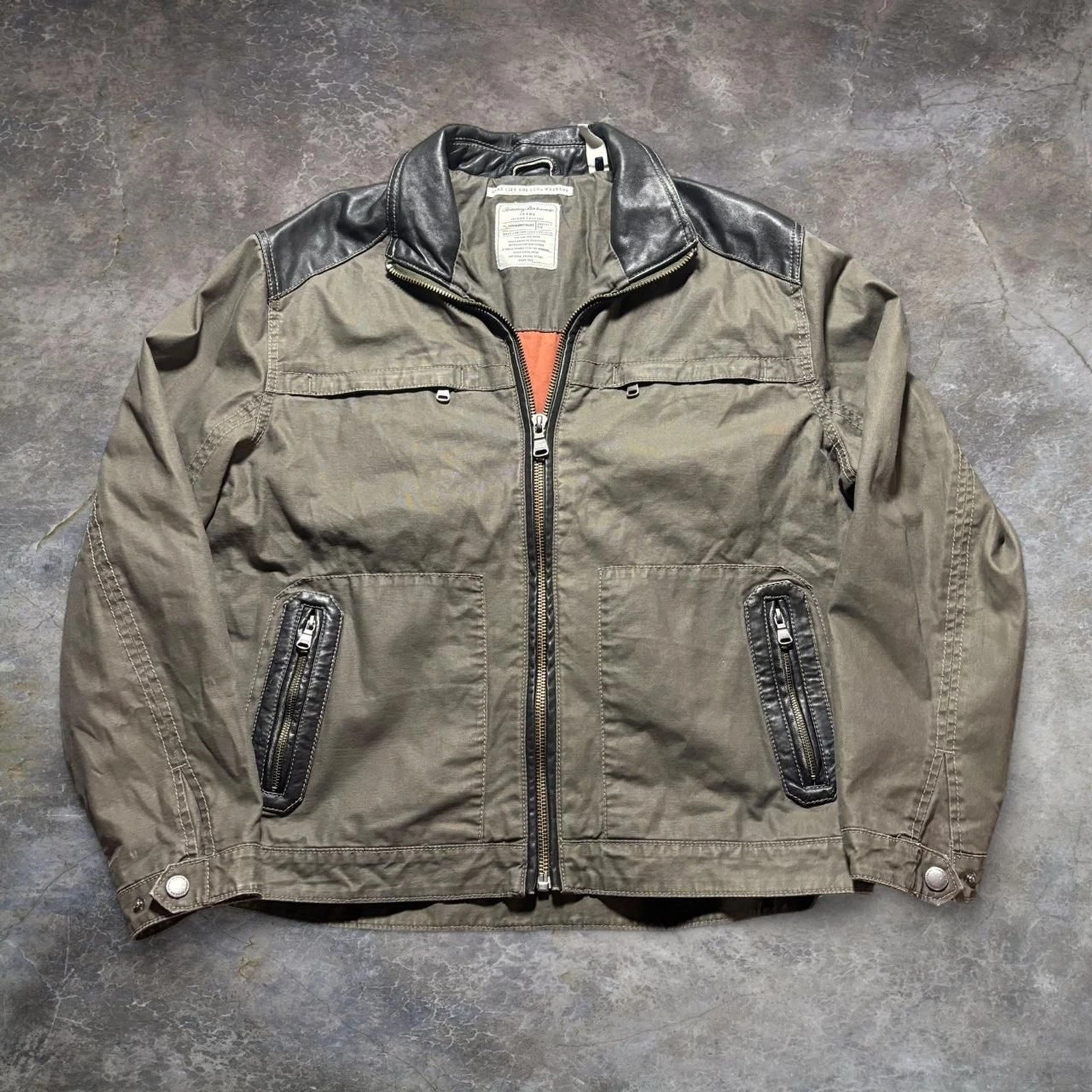 Tommy Bahama Moto Canvas Jacket Men’s L green Black Leather Accents Biker image 1
