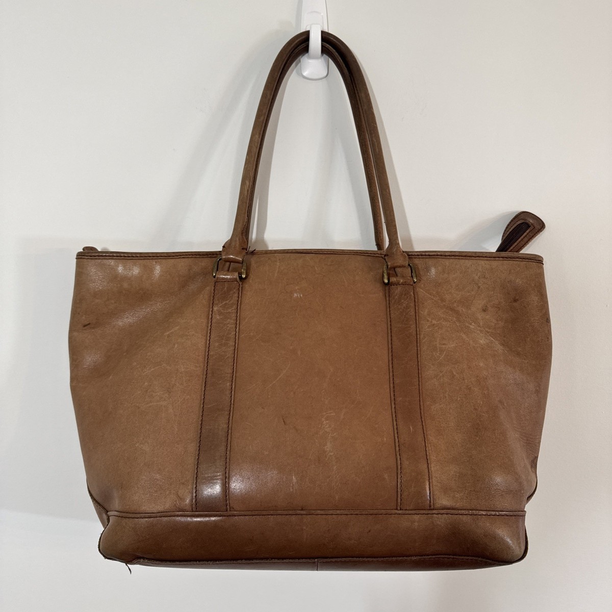 Vintage LL Bean Large Brown Leather Carryall Tote Bag Animal Print 