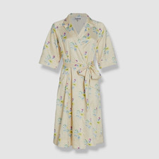 Ganni Women's Yellow Short Sleeve Crinkle Satin Floral Wrap Dress Size 32