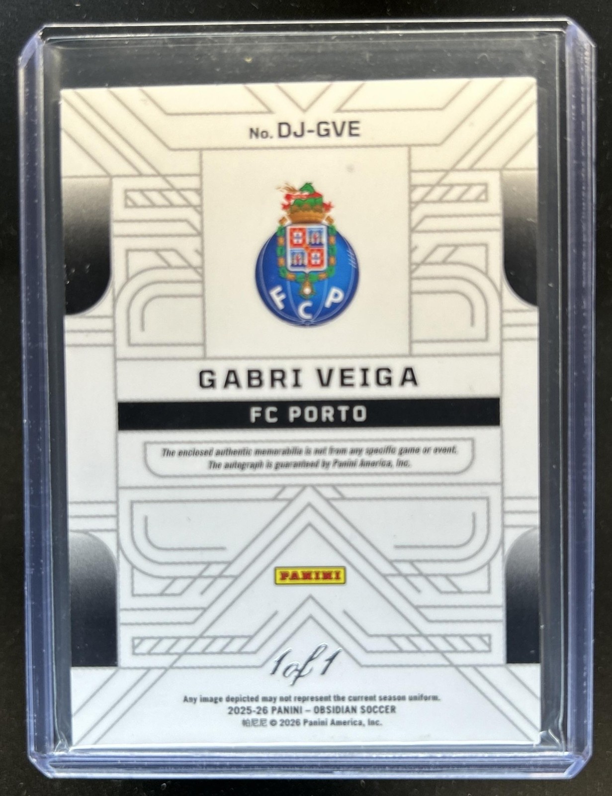 2025-26 Obsidian Gabri Veiga Dual Patch Auto Autograph Blue Finite #1/1 view 2