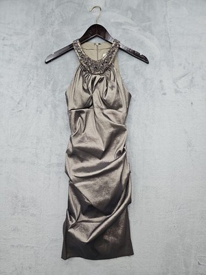 Cache Women's Gray Ruche Halter Neckline Beaded Bodycon Dress Size 4 Metallic