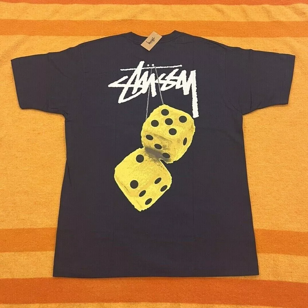 Stussy Fuzzy Yellow Dice Large Navy T-Shirt Mexico New wTags (Fuzzy A  Wuzzy!)