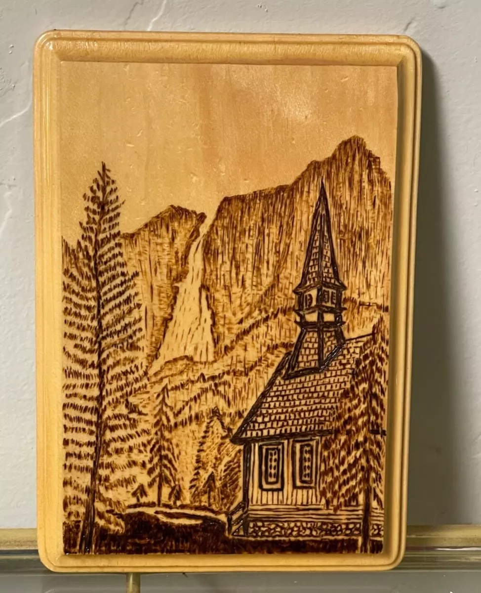 Small Pyrography Wood Burning Yosemite Chapel Falls Hand Made Folk Art