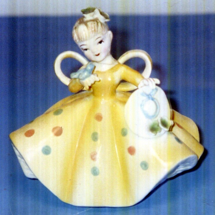 Vintage Girl in Yellow Dress with Bird Figure Empress Japan 1950's