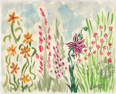 C Peterson 1999 Flowers in My Garden * Watercolor Painting Wildflowers blue sky
