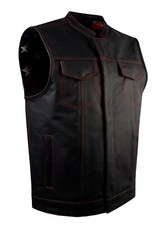 Men's Black Leather Custom Vest Motorcycle USA FLAG Inner Concealed Waistcoat