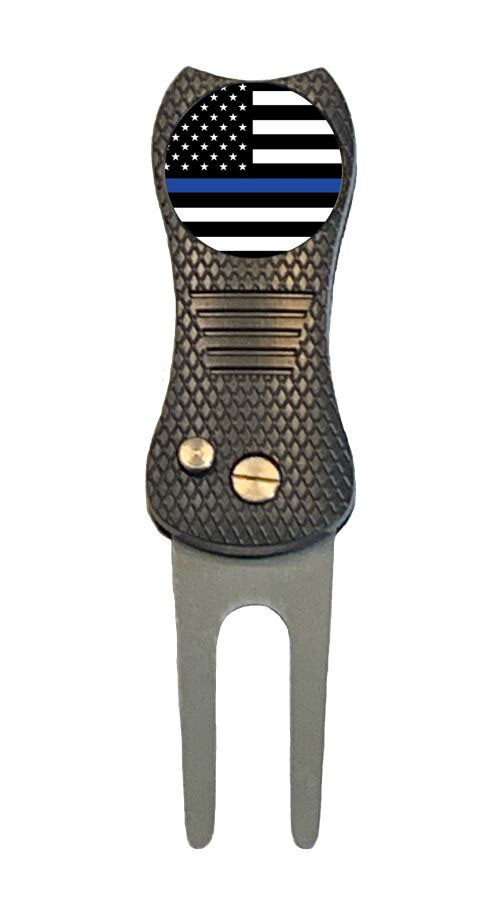 US Flag Thin Blue Line Golf Ball Marker w/ Premium Switchblade Divot