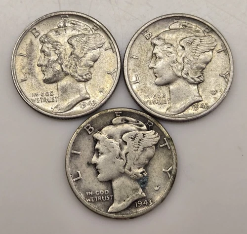 three 1943 P MERCURY DIMES 10C (#302) Philadelphia, circulated, ungraded