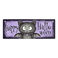 Happy Halloween Metallschild L In 10,5X28Cm Mit Schwarzer Fledermaus-Katze