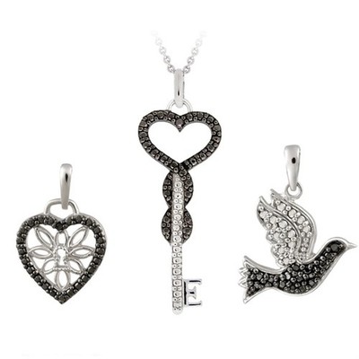 Black Diamond Accent Herz Key & Vogel Anhänger Kette 3-teilig Set
