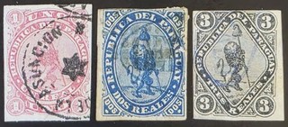 PARAGUAY 1870 Used Complete Set of 3 Stamps Yvert #1 3 CV €350