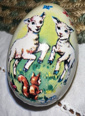 VTG Tin Lithograph Easter Egg Candy Holder w/Lambs Hong Kong DALT Ridgewood, NY