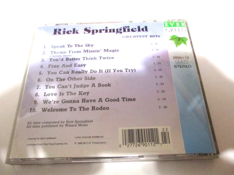 RICK SPRINGFIELD GREATEST HITS GERMAN IMPORT MUSIC CD FREE SHIPPING 1988 RARE - Image 2 of 2