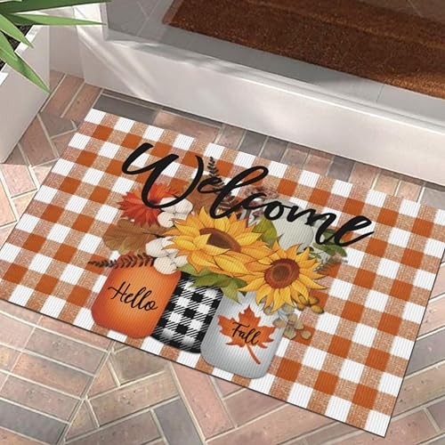 Happy Fall Doormat Pumpkin Sunflower Welcome Front Door Mat Autumn Harvest