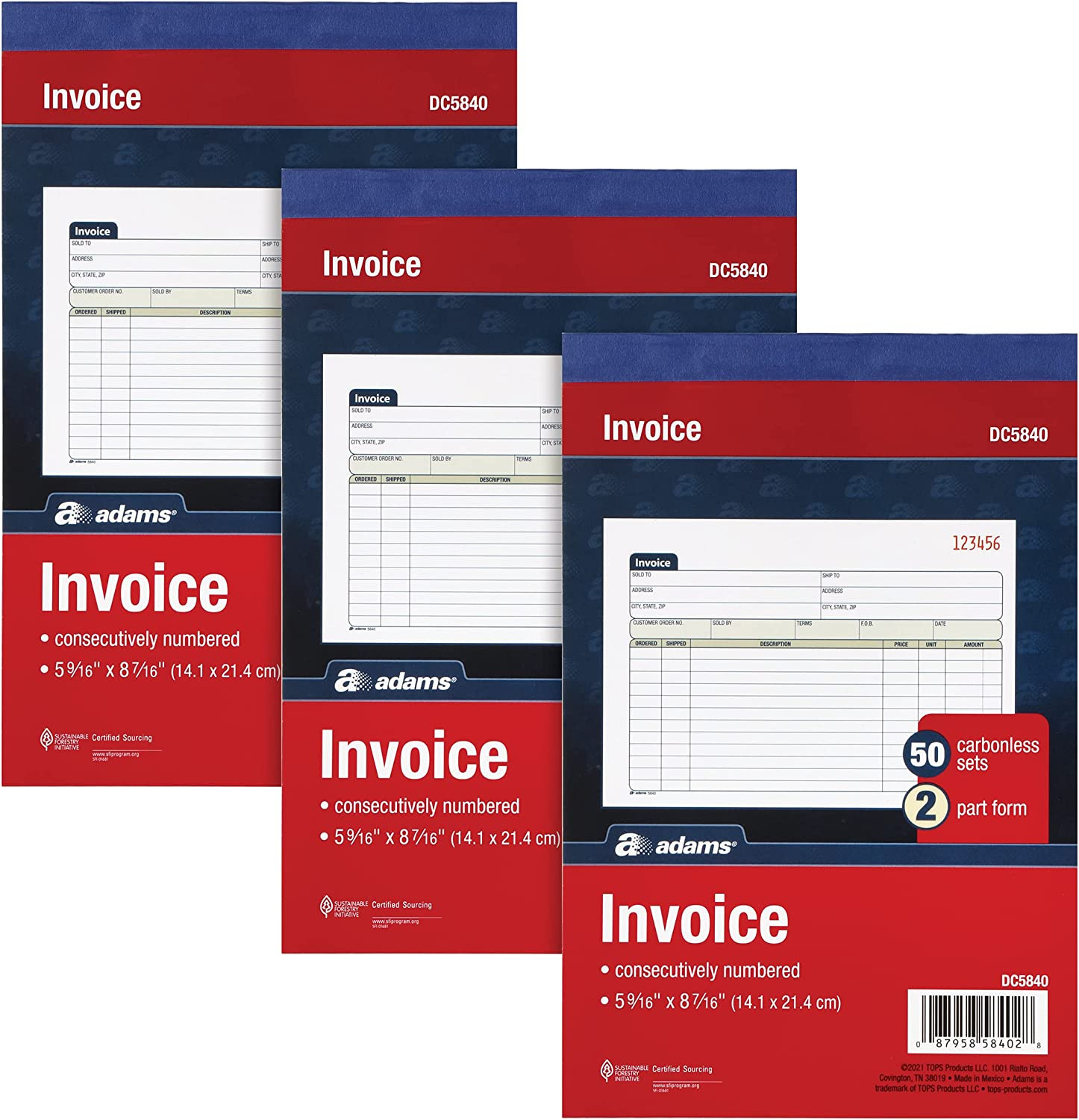 Invoice Book 3 Pack, 2 Part Carbonless Invoices, Horizontal Sales Slip, 5-9/16 X