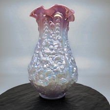 Fenton Poppy Show Vase 12.5" Burmese Pink Blue Glossy Iridescent Ruffled Rim✨