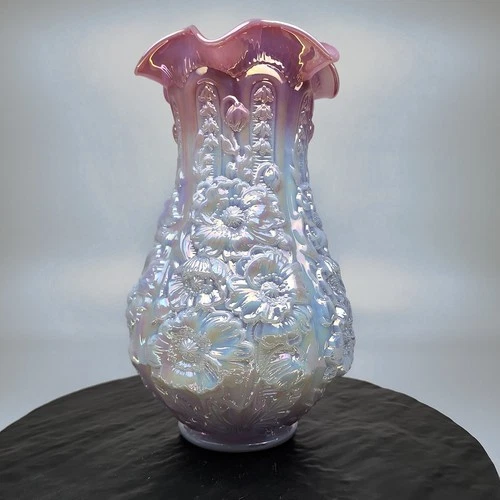 Fenton Poppy Show Vase 12.5" Burmese Pink Blue Glossy Iridescent Ruffled Rim✨