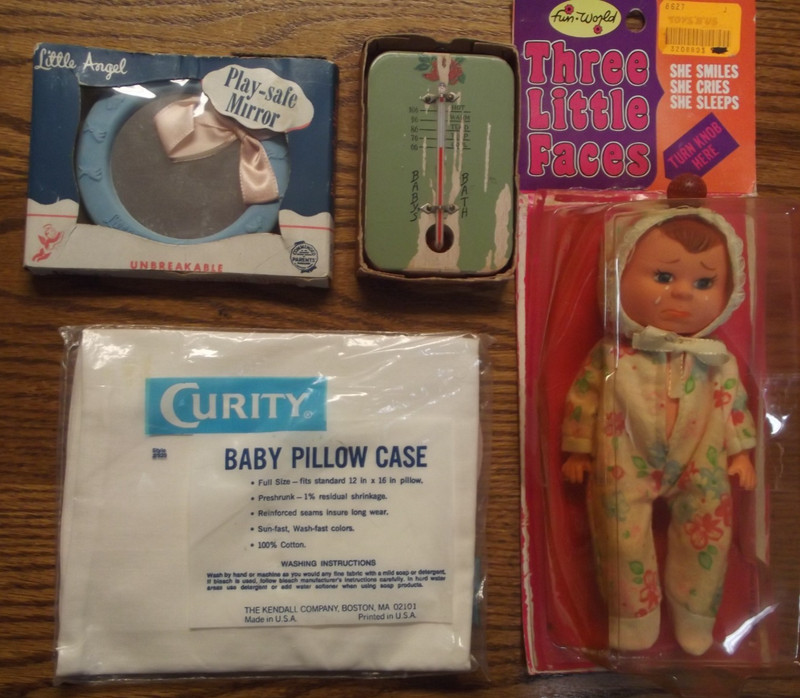 vintage 3 faced doll, baby rattle, pillow case, thermometer Lot 4 items