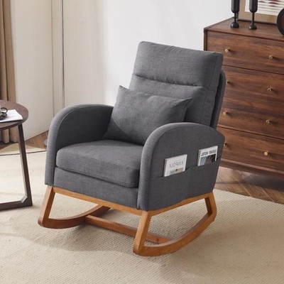 Grey Linen Rocking Chair Nursery with Thick Headrest, Upholstered Mid-Century Mo