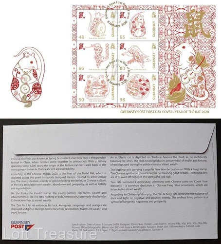 Guernsey Stamps: "Lunar New Year - Year of the Rat" 6v S/S First Day Cover 2020
