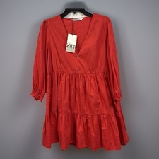 NWT Zara S DRESS RED SHORT RUFFLED SILVER crystallized BUTTONS Rhinestone Coral