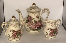 Cottage Core 3 Piece Tea Set Porcelain Pink Rose Pattern Gold Accent