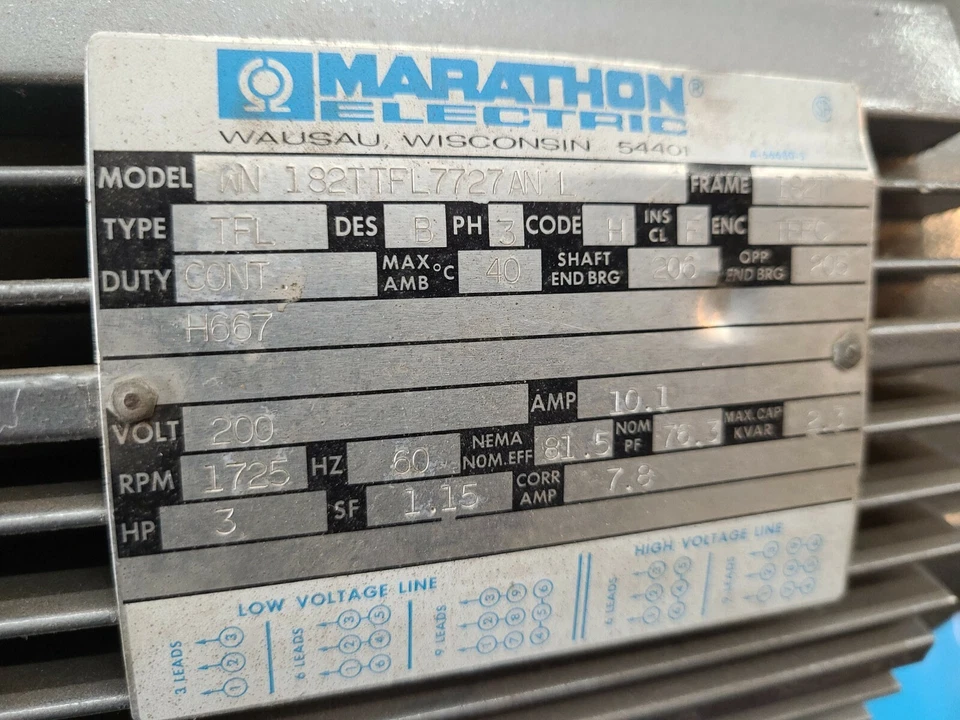 Marathon Ele Motor, TEFC,  3ph, Frame 182T And, 200 Volts only! WN182TTFL7727ANL - Image 2 of 4