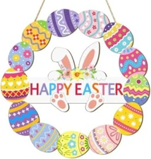 Wooden Easter Decoration Door Wreath for Front Door Sign Wall Signs Rabbit Sprin