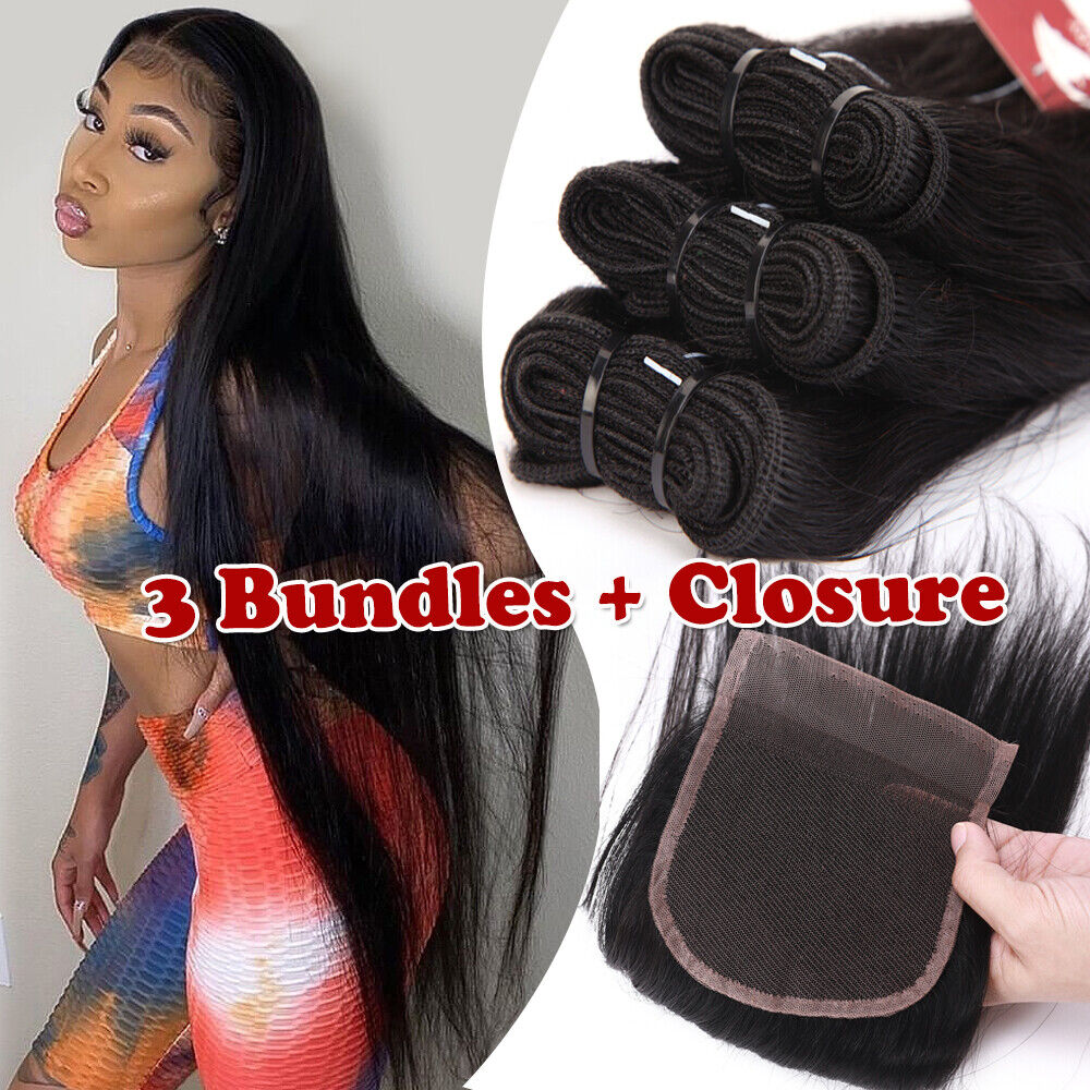 3 Bundles With Lace Closure Free Part Indian Straight Virgin Human Hair Black US Ograniczony do 24H