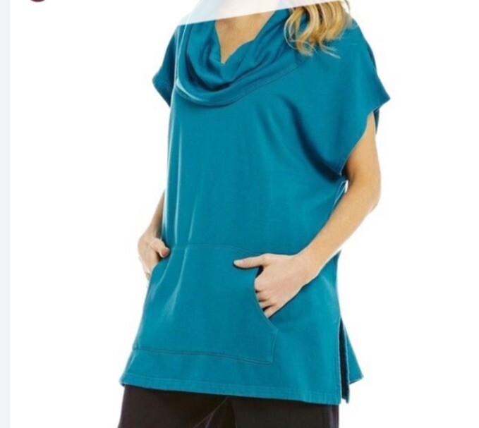 Bryn Walker Cowl Neck Sweatshirt Poncho Turquoise kangaroo pocket