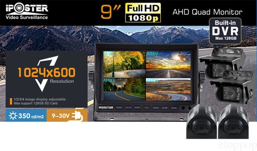 9" Quad DVR Split Screen Monitor AHD 4PIN Backup 1080p Camera for Truck Caravan - Picture 2 of 12