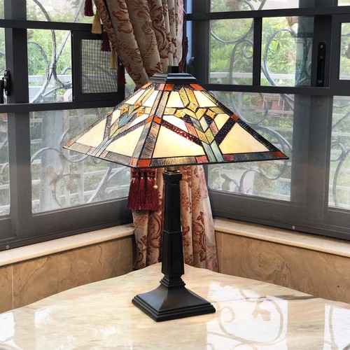 Tiffany Style Mission Stained Glass Table Lamp Antique Dark Bronze MATCHING PAIR - Picture 1 of 3