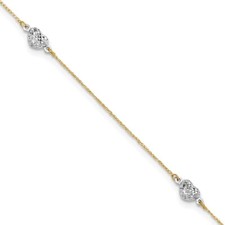 9" + 1" 14K Yellow & White Gold Puffed Heart Anklet