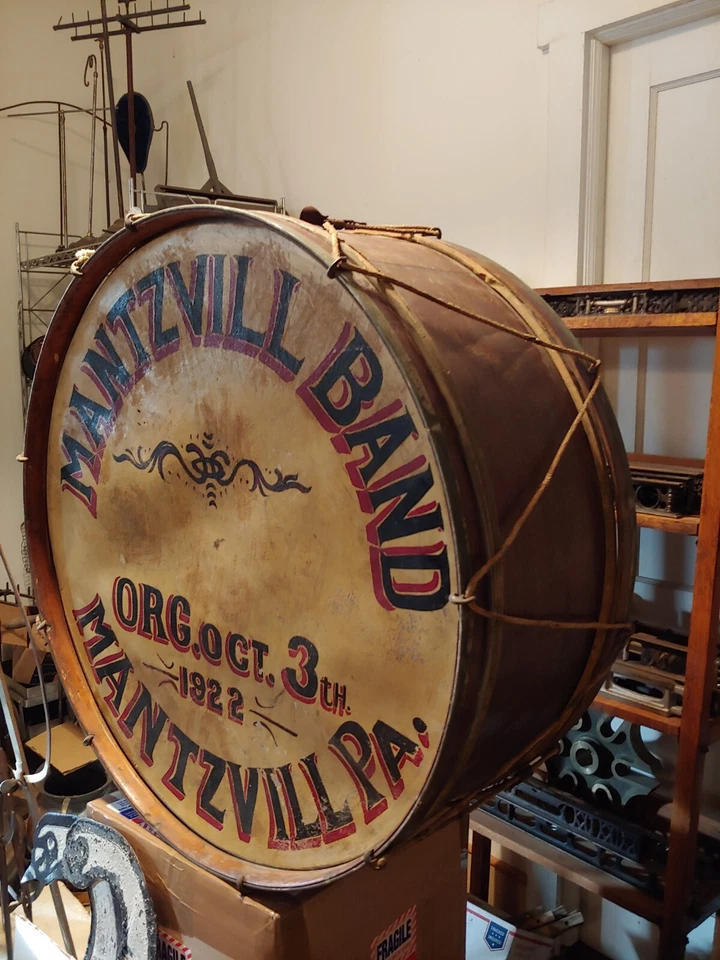 Tambor grande antiguo de 100 años, tambor Mantzville Pennsylvania Band, 33 pulgadas Alto Foto 4 de 4
