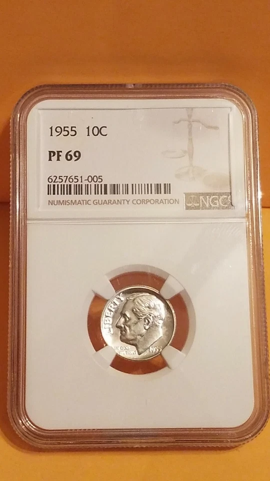 "Монета ""дайм Рузвельта"" 1955 пруф (оценка NGC - PF69)"