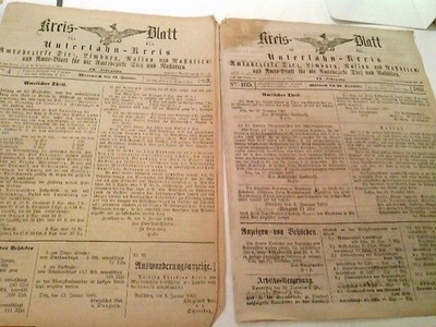 Konvolut: 2 Zeitungen Kreis-Blatt für den Unter-Lahn-Kreis - (Amtsbezirke Diez, 