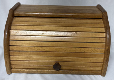 Vintage Oak Wooden Roll Top Bread Box Keeper Farmhouse Country Granny Cottage