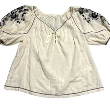 Max Studio Blouse Small Puff Sleeve Embroidered Ivory Black Boho Peasant V Neck