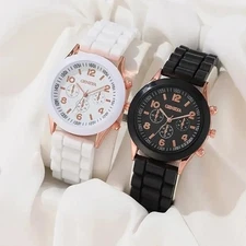 2Pcs Luxury Couple Watches Quartz Alloy Silicone Strap Fashion Wristwatch Set