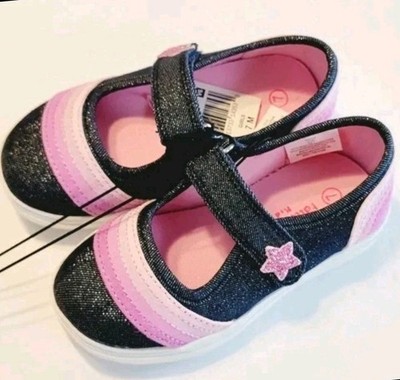 Falls Creek Girl's Toddler Shoe Size 7 Mary Jane Jean Pink Rainbow Stripe Strap 