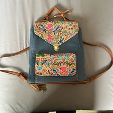 Floral Pattern Blue Brown Backpack Purse Gold Tone Hardware Adjustable Strap