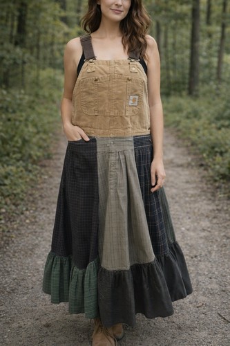 Carhartt Handmade Patchwork Overall Dress Cotton Canvas Multicolor Pockets