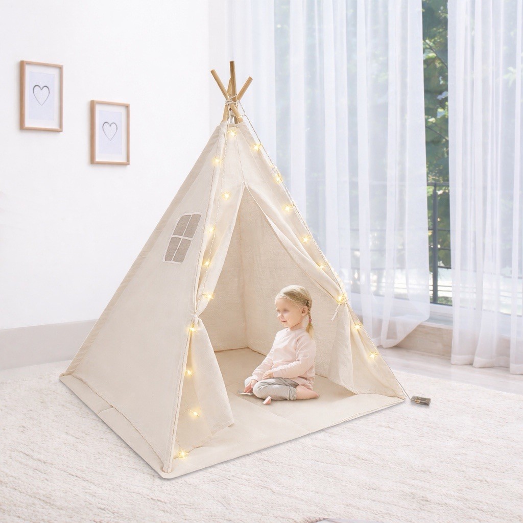 Kids Teepee Play Tent w/ Lights, Mat & Campfire &ndash; Indoor Playhouse