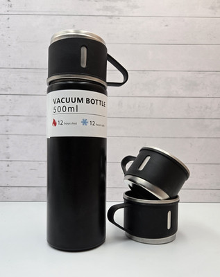 500ml Stainless Steel Vacuum Bottle Thermos Flask w 3 Cups Black Travel Mug