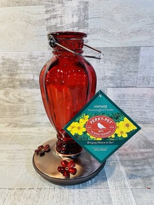 Perky Pet Vintage Hummingbird Feeder NEW Red Glass Brass Base 4 Stations 18 Oz