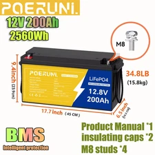 200AH 12V LiFePO4 Lithium Battery BMS 15000+ Deep Cycle for Solar RV Off-grid