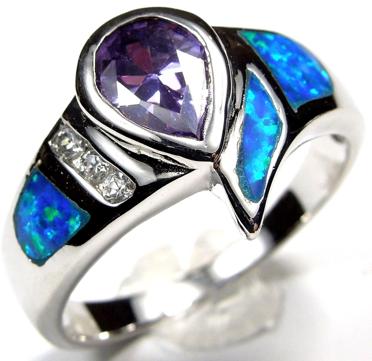Amethyst, Blue Fire Opal inlay, White Topaz 925 Sterling Silver