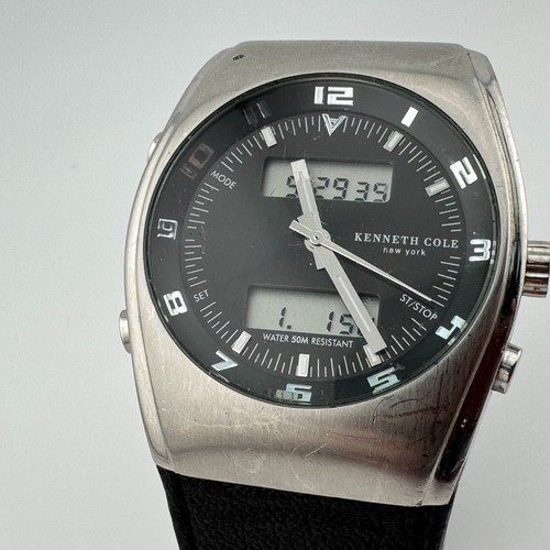 Kenneth Cole Analog Digital Quartz Watch Men 50m Silver Black Steel New Battery - Picture 2 of 6
